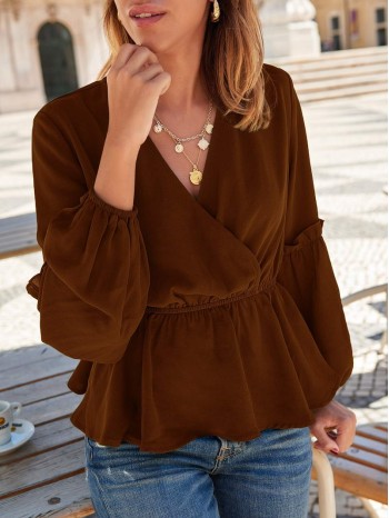 Surplice Front Bishop Sleeve Peplum Blouse