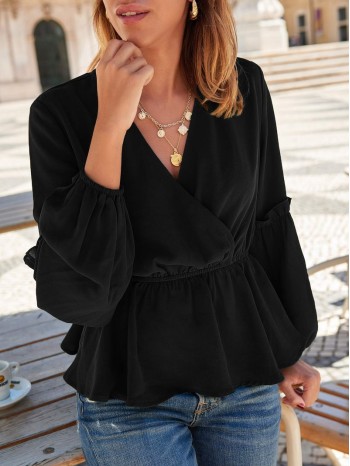 Surplice Front Bishop Sleeve Peplum Blouse