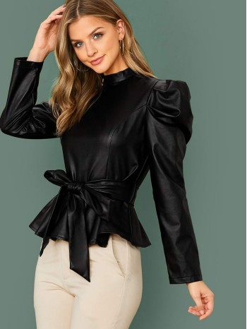 Gigot Sleeve Self Belted Faux Leather Peplum Top