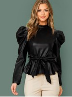 Gigot Sleeve Self Belted Faux Leather Peplum Top