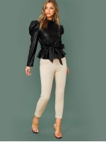 Gigot Sleeve Self Belted Faux Leather Peplum Top