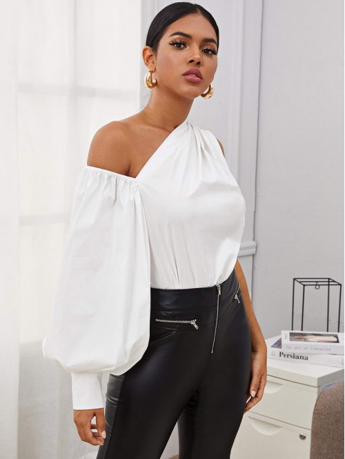 Asymmetrical Neck Blouson Sleeve Top