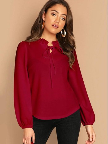 Frill Tie Neck Curved Hem Top