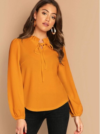 Tie Neck Frill Trim Solid Top