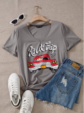 Car And Slogan Graphic Choker Neck Tee