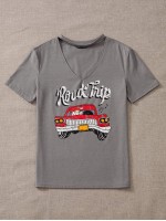 Car And Slogan Graphic Choker Neck Tee