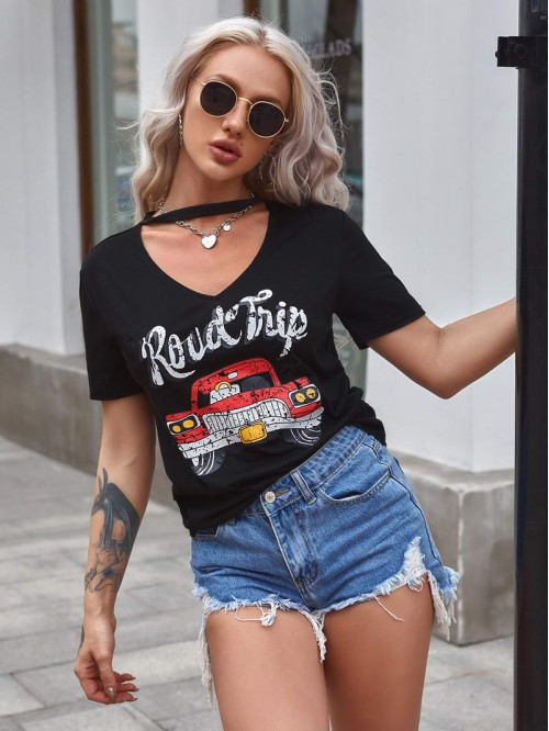 Car And Slogan Graphic Choker Neck Tee