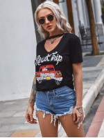 Car And Slogan Graphic Choker Neck Tee