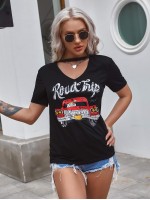 Car And Slogan Graphic Choker Neck Tee