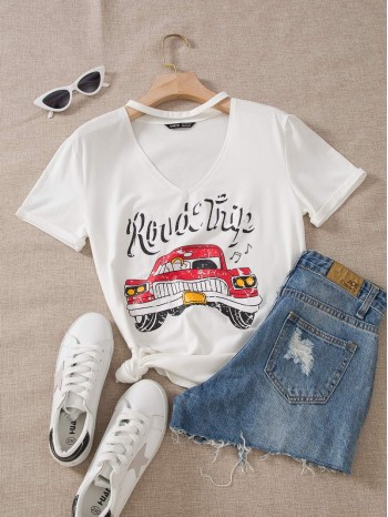 Car And Slogan Graphic Choker Neck Tee