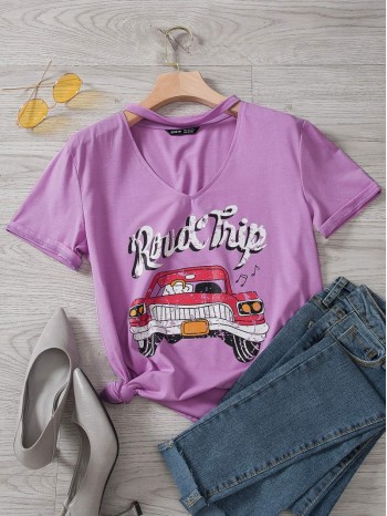 Car And Slogan Graphic Choker Neck Tee