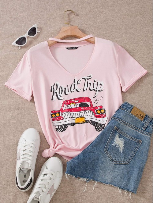 Car And Slogan Graphic Choker Neck Tee