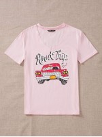 Car And Slogan Graphic Choker Neck Tee