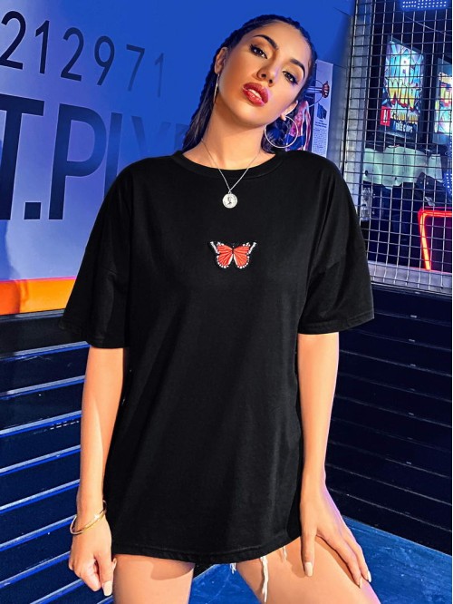 Embroidered Butterfly Graphic Oversized Tee