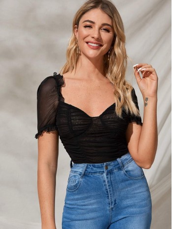 Frill Trim Ruched Mesh Bustier Top