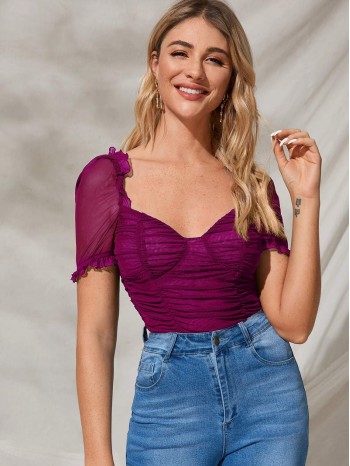 Frill Trim Ruched Bustier Mesh Top