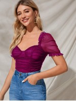 Frill Trim Ruched Bustier Mesh Top