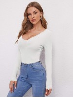 V-neck Rib-knit Solid Tee