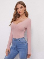 V-neck Rib-knit Solid Tee