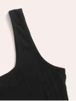 Squared Neck Backless Rib-knit Top