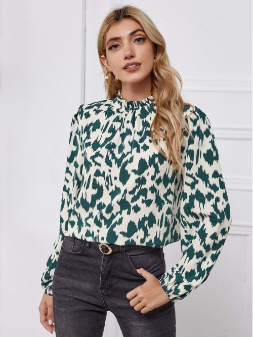 Frill Mock Neck All Over Print Top