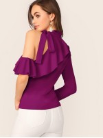 Cut Out Shoulder Knotted Ruffle Top