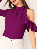 Cut Out Shoulder Knotted Ruffle Top