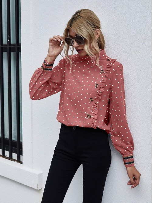 Confetti Heart Frill Button Front Blouse