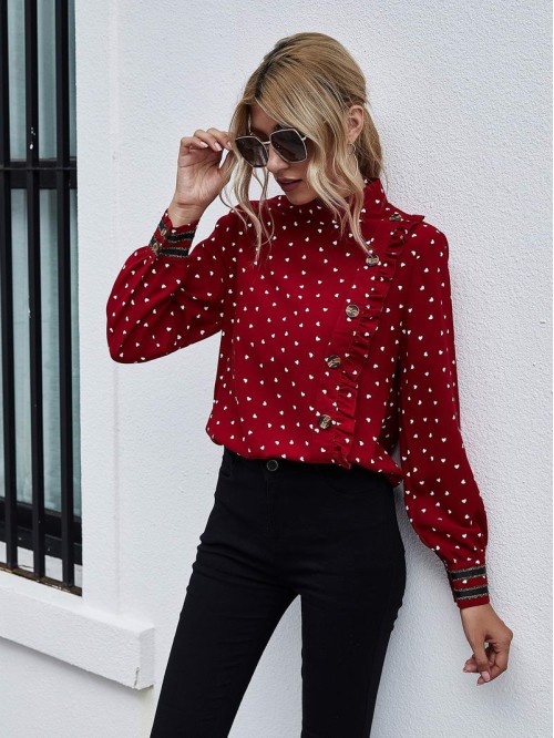 Confetti Heart Frill Button Front Blouse