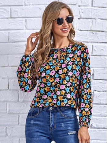 Tie Neck Allover Floral Blouse