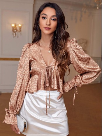 Leopard Print Tie Front Ruffle Hem Satin Top