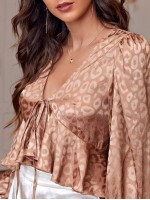 Leopard Print Tie Front Ruffle Hem Satin Top