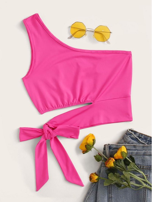 Neon Pink One-Shoulder Cutout Crop Top