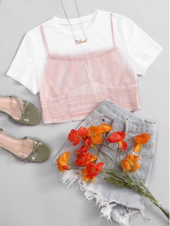 Frill Trim Ruched Mesh Overlay Crop Tee