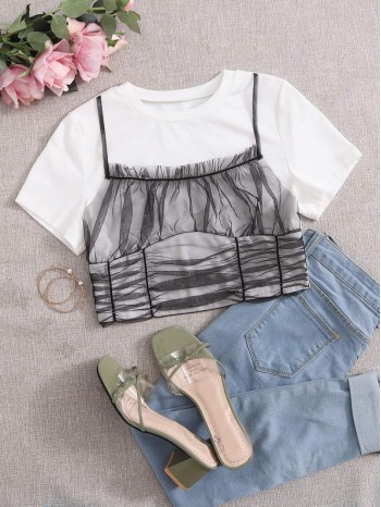 Frill Trim Ruched Mesh Overlay Crop Tee