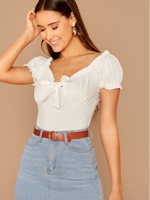 Tie Neck Frill Trim Milkmaid Top