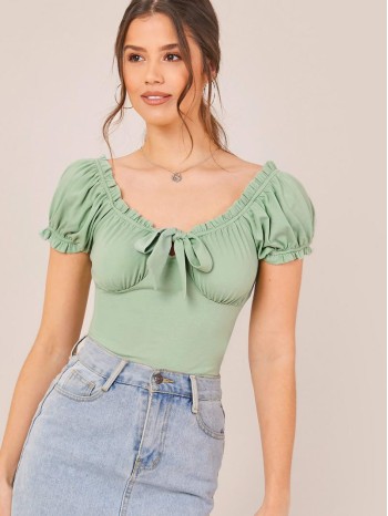 Tie Neck Frill Trim Milkmaid Top