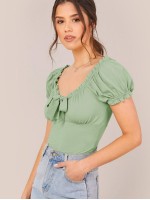 Tie Neck Frill Trim Milkmaid Top