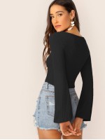 Bell Sleeve Drawstring Ruched Front Ribbed Tee