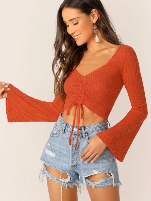 Drawstring Front Bell Sleeve Crop Top