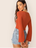 Drawstring Front Bell Sleeve Crop Top