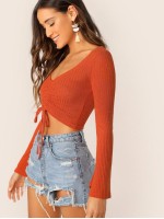 Drawstring Front Bell Sleeve Crop Top