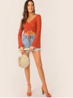 Drawstring Front Bell Sleeve Crop Top