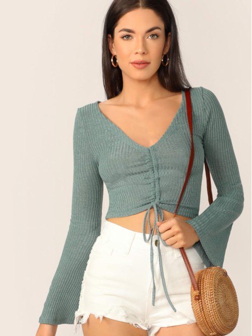 Bell Sleeve Drawstring Crop Top