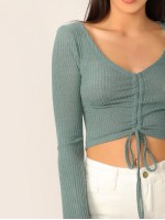 Bell Sleeve Drawstring Crop Top