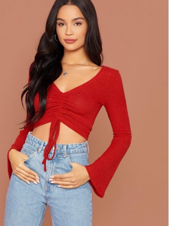 Bell Sleeve Drawstring Ruched Front Ribbed Tee