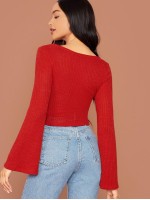 Bell Sleeve Drawstring Ruched Front Ribbed Tee