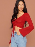 Bell Sleeve Drawstring Ruched Front Ribbed Tee