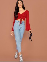 Bell Sleeve Drawstring Ruched Front Ribbed Tee