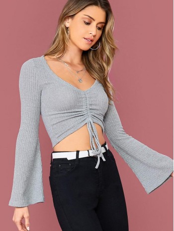 Drawstring Ruched Front Flare Sleeve Rib-knit Top